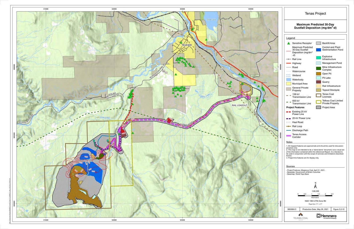 The same map with red contours of settling dust. The contours hug the pit and plant, follow the coal haul road as a thin line, and ring the rail loadout. No contour follows the main railway line.