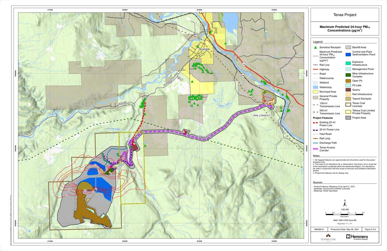 Map of the mine site, the coal haul road, the rail loadout and the Village of Telkwa. Red contour lines ring the pit, the ponds and the plant, with values from 25 to 100 and higher. Green triangles mark homes and other places where people are.