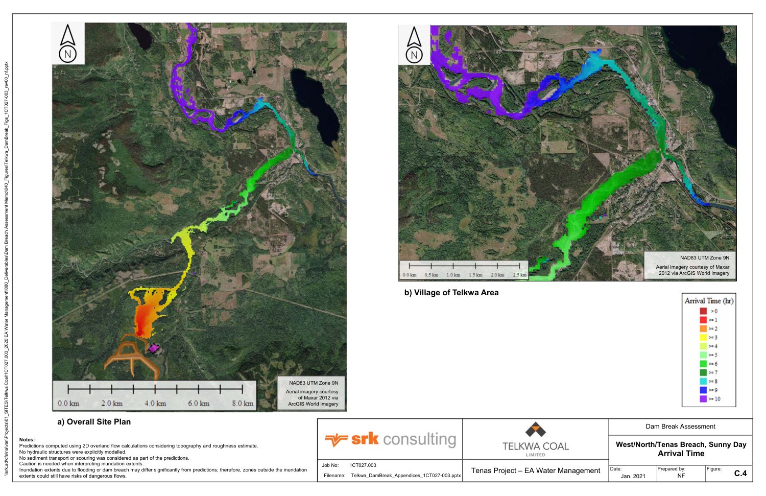 Both maps coloured by hours until water arrives: red near the mine, green at the village, purple downstream on the Bulkley River.