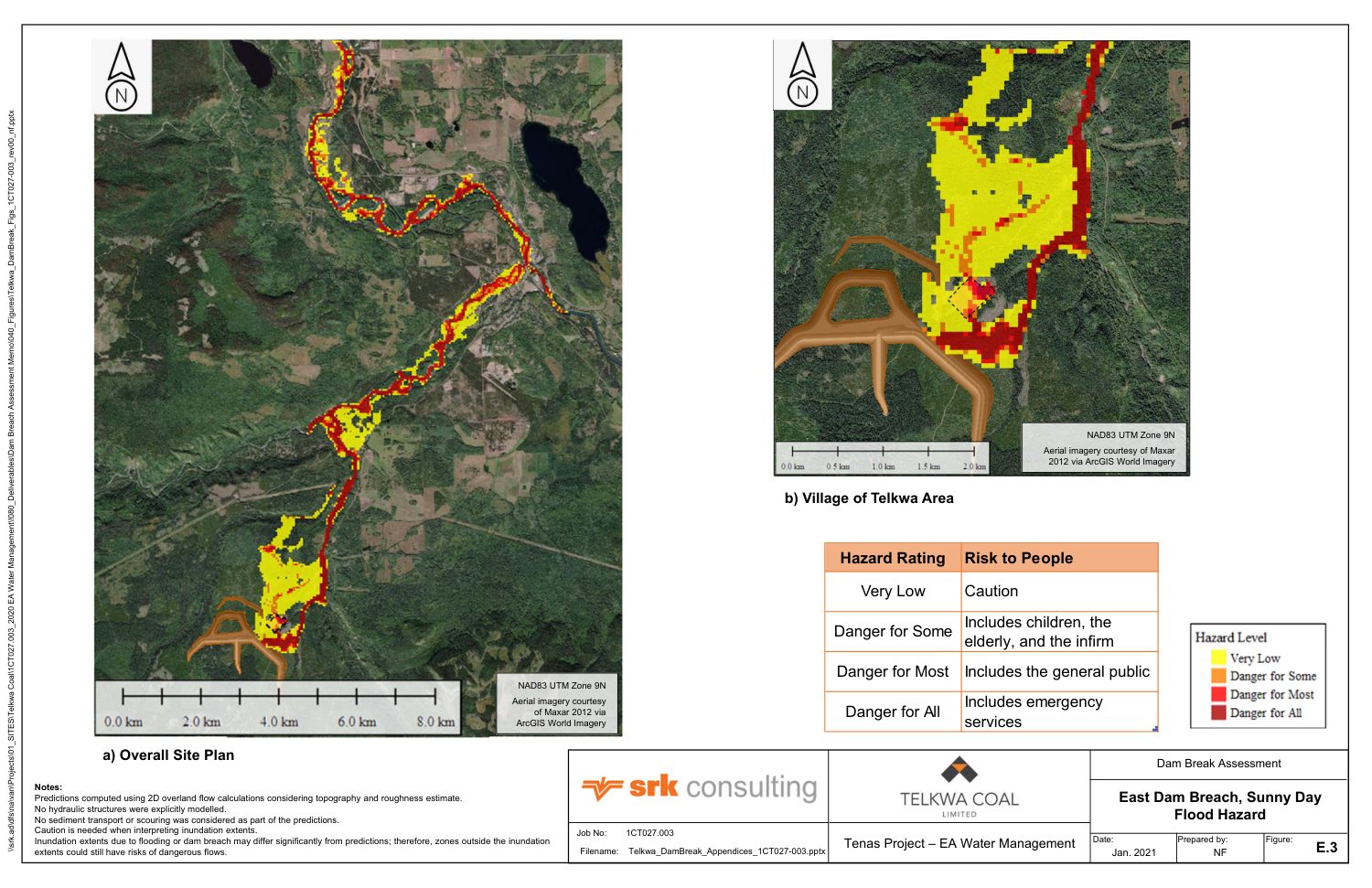 Two maps. Left: the flood path from the East Dam to the village. Right: the mine site, with a wide yellow area and dark red along Four Creek and Goathorn Creek.