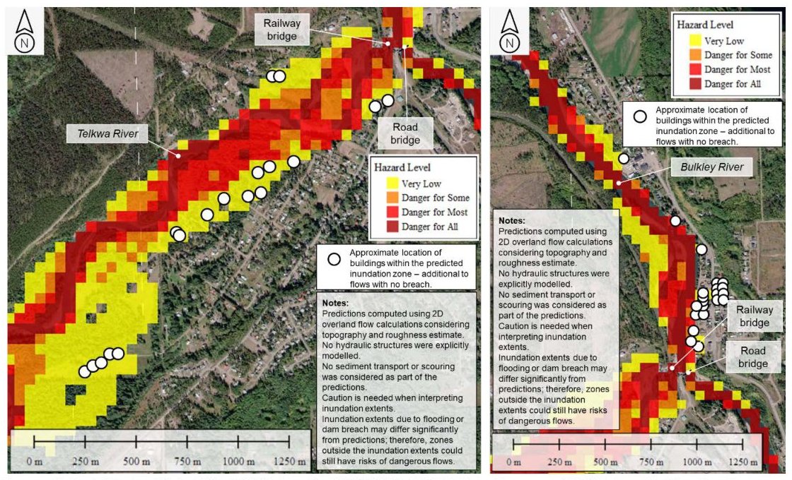 Close view of Telkwa in two panels, with hazard colours along both rivers and white circles marking buildings inside flooded ground.